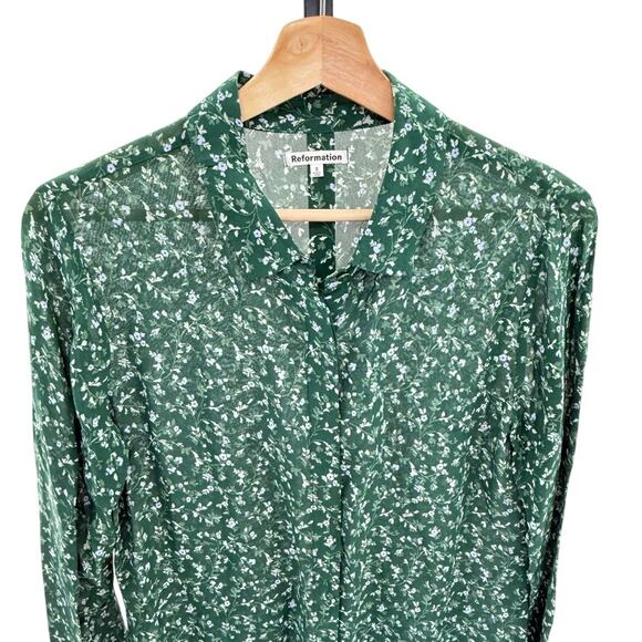 Reformation Green Button Ditsy Floral Long Sleeve Sheer S Top Preppy MSRP $148 - Picture 4 of 8